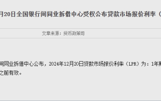 12月LPR报价出炉：1年期和5年期以上均维持不变