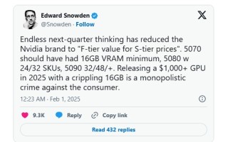斯诺登怒喷英伟达RTX 50系列显卡性价比低下：针对消费者的垄断犯罪