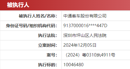 中通客车被列为“被执行人”-第1张图片-芙蓉之城