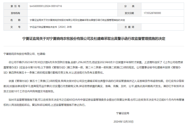 晓鸣股份连收警示函、监管函 2023年亏损1.55亿元-第1张图片-芙蓉之城