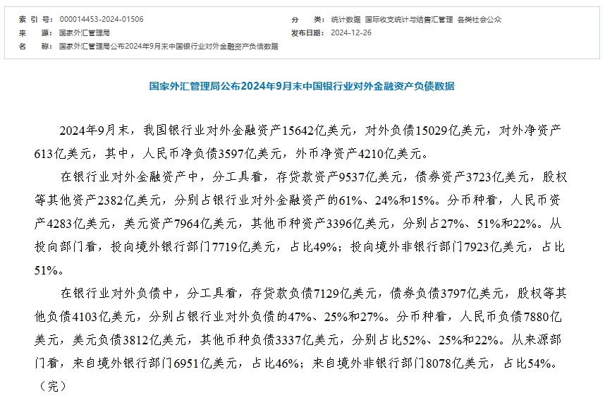 国家外汇管理局：2024年9月末我国银行业对外金融资产15642亿美元-第1张图片-芙蓉之城