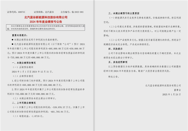 北汽蓝谷财报出炉：预计2024年净亏损65亿至69.5亿元-第1张图片-芙蓉之城