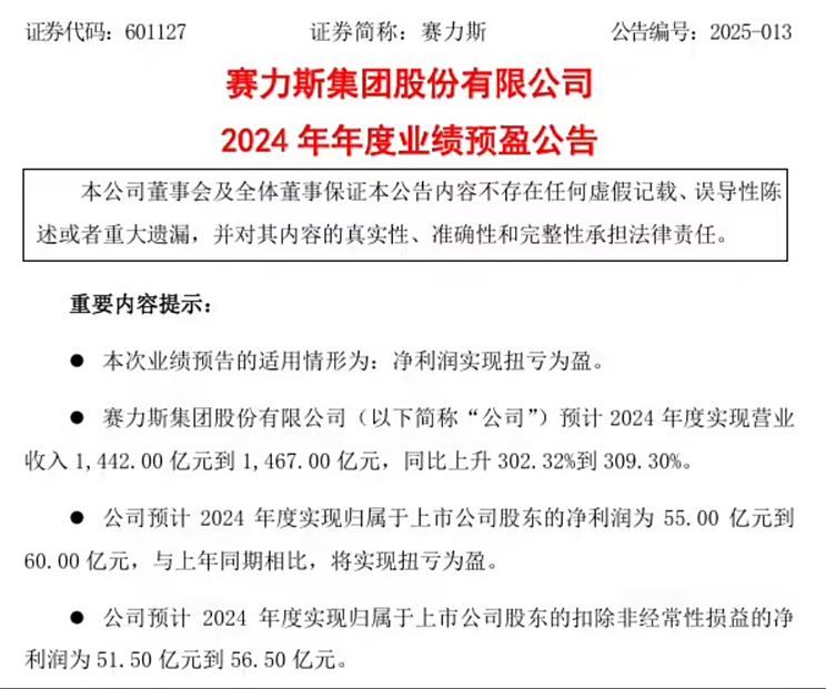 赛力斯2024年净利润转正 预计净利润达60亿 会有更多增程车推出-第1张图片-芙蓉之城