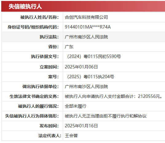 合创汽车被列失信被执行人 员工曾拉横幅维权-第1张图片-芙蓉之城