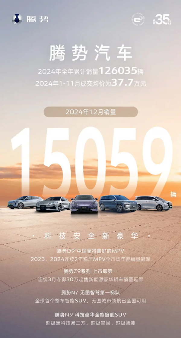 腾势汽车2024年累计销量达126035辆：1-11月成交均价37.7万元-第1张图片-芙蓉之城