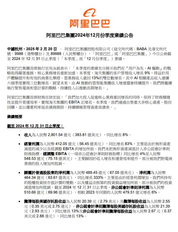 阿里巴巴发布2025财年Q3财报：营收2801.5亿，净利润同比增长333%-第1张图片-芙蓉之城