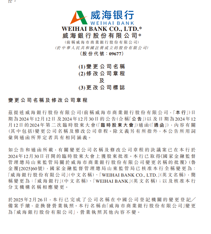威海市商业银行更名为威海银行-第1张图片-芙蓉之城
