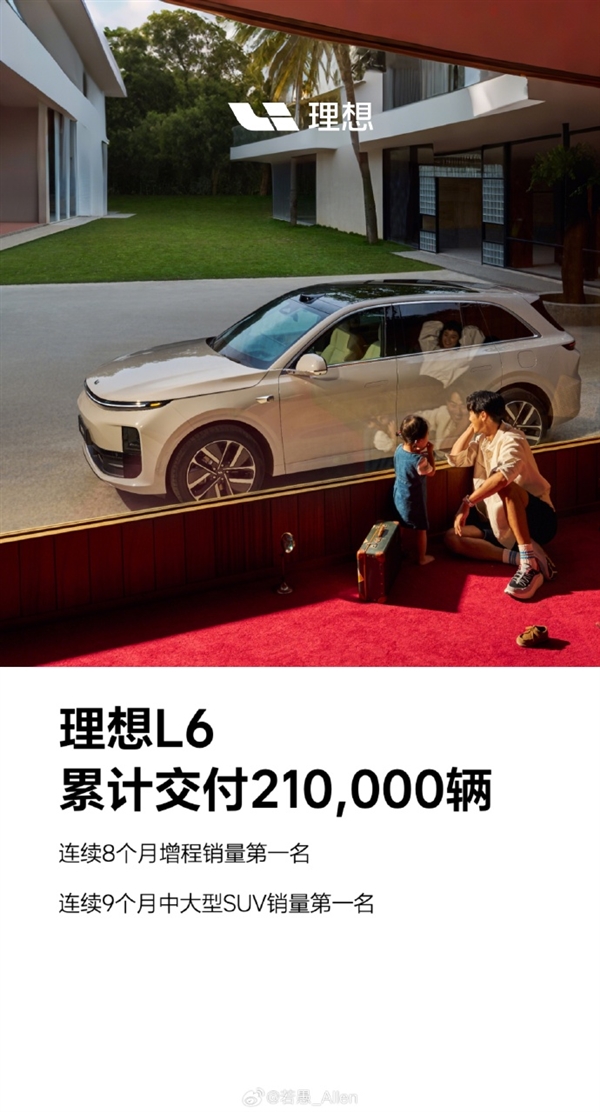 理想L6累计交付已达21万辆！连续9个月获中大型SUV销量第一-第1张图片-芙蓉之城