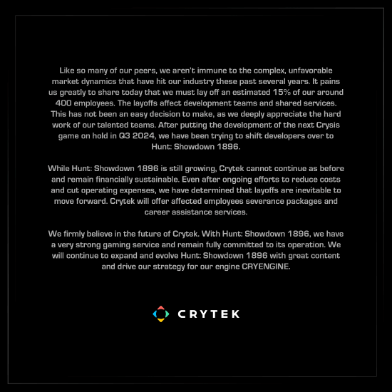 Crytek 官方宣布将进行裁员 相关部门约60人被波及-第1张图片-芙蓉之城