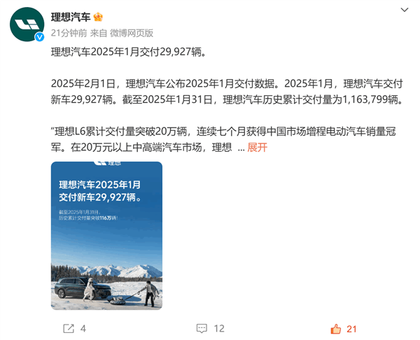 理想汽车1月交付29927辆：理想L6连续七月蝉联增程销冠-第1张图片-芙蓉之城