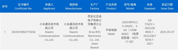 小米神秘旗舰平板获认证：14英寸超大屏+自研玄戒芯片-第1张图片-芙蓉之城